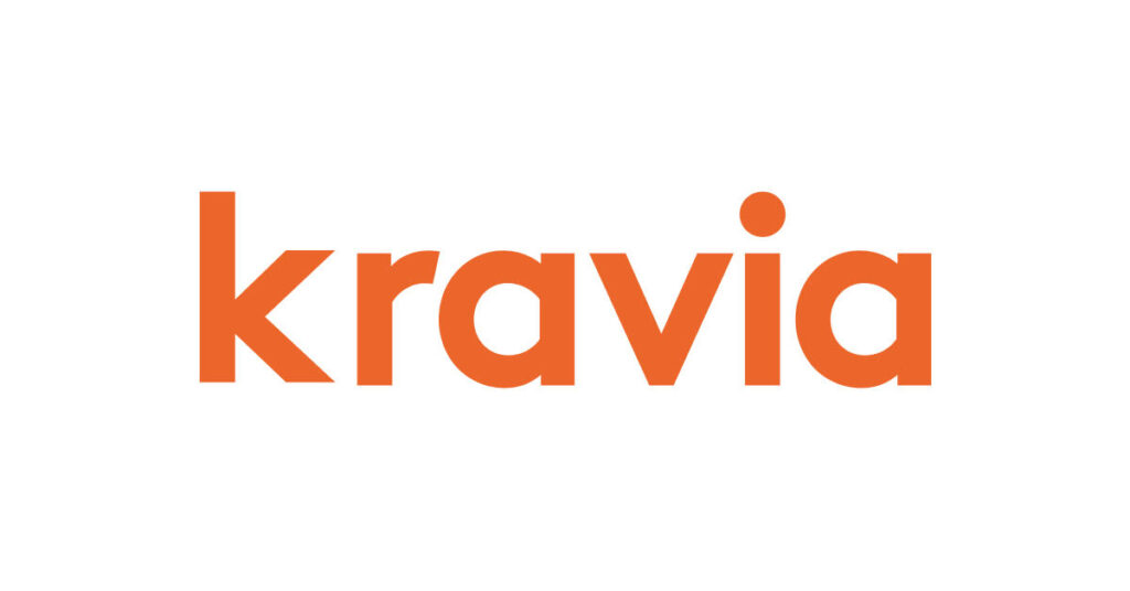 Logotpe för Kravia, bokstäver i orange färg mot vit bakgrund
