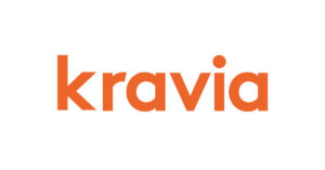 Logotpe för Kravia, bokstäver i orange färg mot vit bakgrund