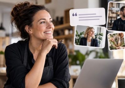 Leende företagare sitter vid en laptop i sin verksamhet, omgiven av bilder på andra företagare som delar sina berättelser.